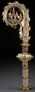 SILVER GILT & GEM SET CROSIER, TRIOULLIER, PARIS 1888: A VERY FINE SILVER GILT & GEM SET CROSIER OF THE BISHOP OF LIMOGES, FRANCE, TRIOULLIER FRERES, PARIS, CIRCA 1888. Enclosed within the volute of the crosier, a church edifice displaying multiple tombs