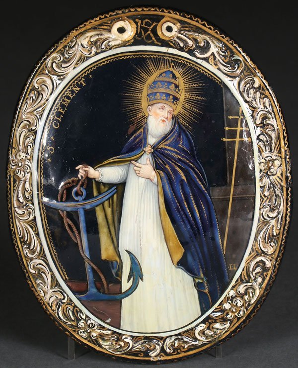17TH CENTURY LIMOGES ENAMEL SIGNED LAUDIN: AN OVAL LIMOGES ENAMELED PLAQUE OF POPE ST. CLEMENT, PROBABLY JACQUES I LAUDIN, CIRCA 1690. The slightly domed copper oval plaque finely enameled with a three quarters length image of Pope Clement wea