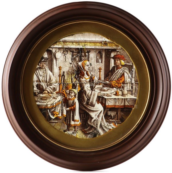 GOTHIC STAINED GLASS ROUNDEL, PROBABLY 15TH/16TH C.: A GOTHIC STAINED GLASS ROUNDEL, PROBABLY GERMAN, 15TH/16TH CENTURY. Depicting a domestic interior scene of a well festooned family near a hearth, with food, pottery, wrought iron implements and a cat.