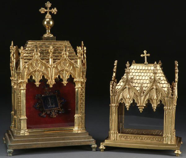 A PAIR OF FRENCH GILT BRONZE, GOTHIC STYLE: A PAIR OF FRENCH GILT BRONZE, GOTHIC STYLE, ARCHITECTURAL RELIQUARIES, 19TH CENTURY. The first set on four feet supporting a stepped base, upon which rests a cathedral form reliquary, the corners in f
