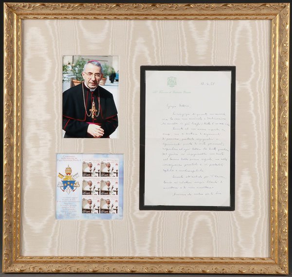 A RARE POPE JOHN PAUL I AUTOGRAPH LETTER SIGNED: A RARE POPE JOHN PAUL I AUTOGRAPH LETTER SIGNED AS BISHOP OF VITTORIO VENETO, 1965. Autograph letter signed, two sides on Bishop Luciani’s Episcopal stationary entirely handwritten in Italian, and d