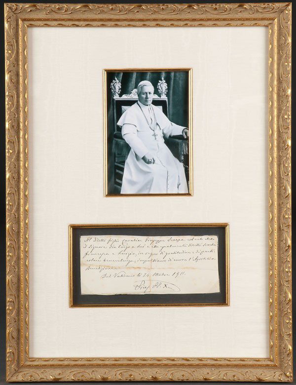 A PAIR OF POPE SAINT PIUS X SIGNED NOTES: A PAIR OF POPE SAINT PIUS X SIGNED NOTES, 1898 AND 1911. Comprising a Pope Saint Pius X Apostolic Benediction, dated October 24, 1911. Written entirely in the hand of Pope Saint Pius X, imparting an