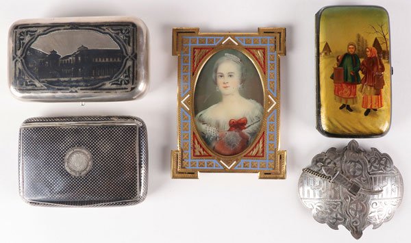 RUSSIAN SILVER, NIELLO & MORE CIRCA 1873-1890: A LARGE RUSSIAN SILVER AND NIELLO CIGAR CASE, BELT BUCKLE, LACQUER CIGARETTE CASE, AUSTRIAN NIELLO CASE, AND MINIATURE PORTRAIT, CIRCA 1873-1890. Comprising a large deep rectangular case with rounded 
