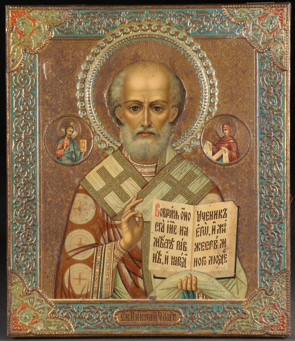 A GROUP OF THREE RUSSIAN ICONS, 19TH/20TH CENTURY: A GROUP OF THREE RUSSIAN ICONS, 19TH/20TH CENTURY. Comprising a very fine tin lithographed icon of Saint Nicholas, Moscow, 1897. Color lithograph image printed on raised metal support, the lower margi