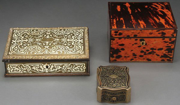 3 19TH CENTURY BOXES IN TORTOISE SHELL AND IVORY: THREE 19TH CENTURY BOXES IN TORTOISE SHELL, IVORY, AND BOULLE INLAY. Comprising a Napoleon III gilt bronze boulle ivory inlaid box by Maison Vervelle-Paris, a tortoise shell tea box, and an early tor