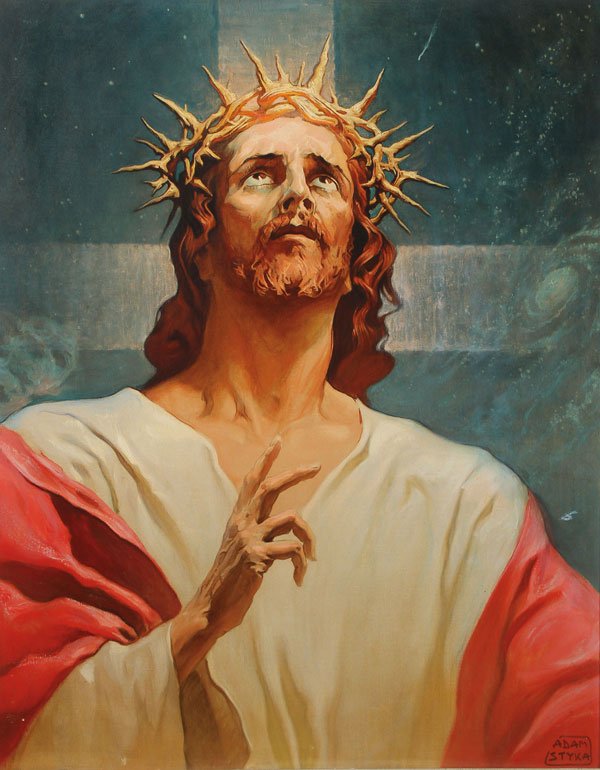 RELIGIOUS OIL PAINTING OF CHRIST, ADAM STYKA: ADAM STYKA(French/Polish 1890-1959) Christ Oil on canvas Signed lower right "Adam Styka" and also inscribed on verso with the title "Christ the King" and signed by artist 36 inches x 28 inches (91.5 x