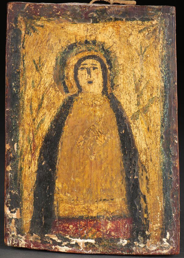 A NEW MEXICAN FOLK RETABLO, 19TH CENTURY: A NEW MEXICAN FOLK RETABLO, 19TH CENTURY. The primitively painted wood panel depicting the Virgin Mary, circle of Jose Rafael Aragon. 8.5 inches x 6 inches. SHIPPING NOTICE:Jackson’s is your sole an