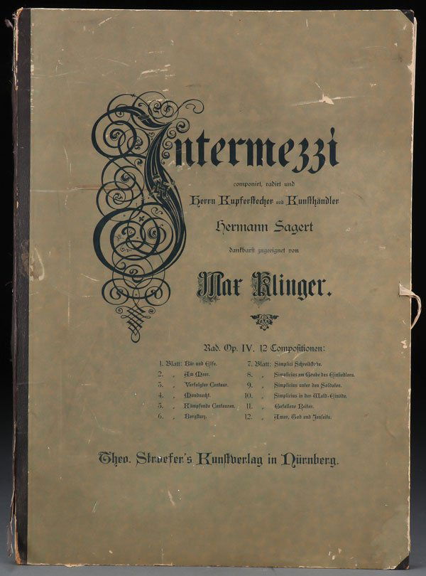 MAX KLINGER, INTERMEZZI PORTFOLIO, AUSTRIAN: MAX KLINGER (Austrian 1857-1920). Intermezzi, Opus IV, the portfolio, comprising eleven out of the original twelve etchings (missing number two) with aquatint and dry point on chine colle paper, conta