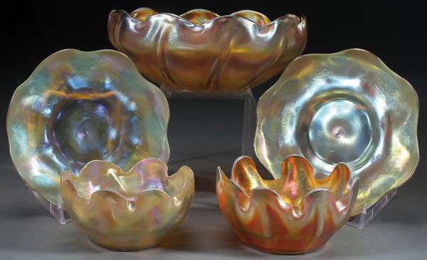 A FIVE PIECE L.C. TIFFANY FAVRILE ART GLASS GROUP (1 of 3)