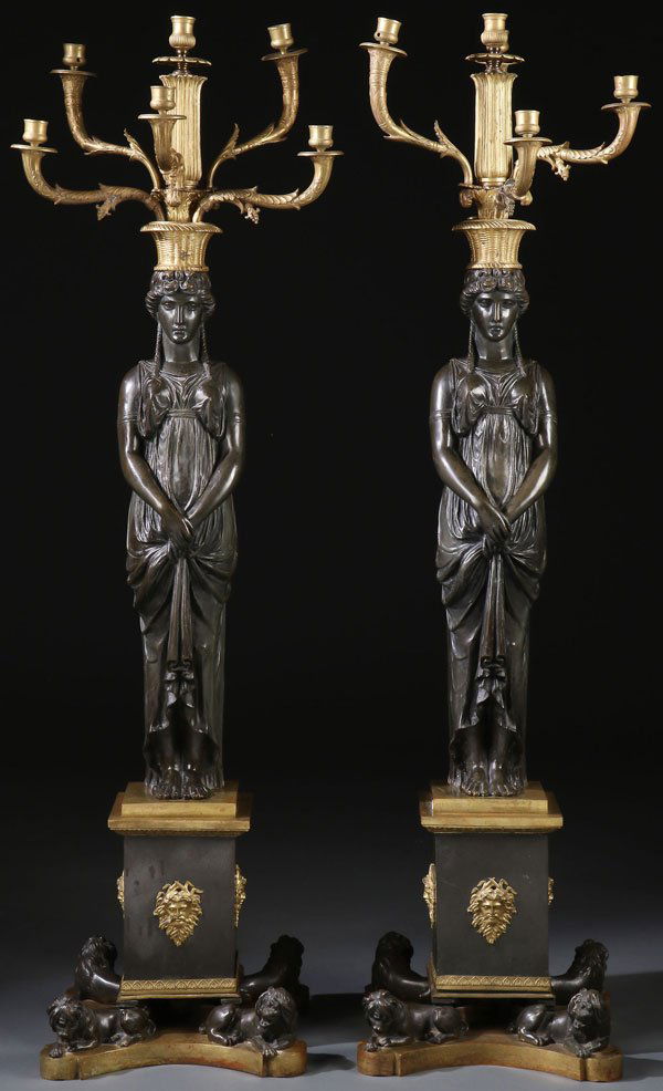 A PAIR OF LARGE FRENCH EMPIRE GILT AND PATINATED (1 of 10)