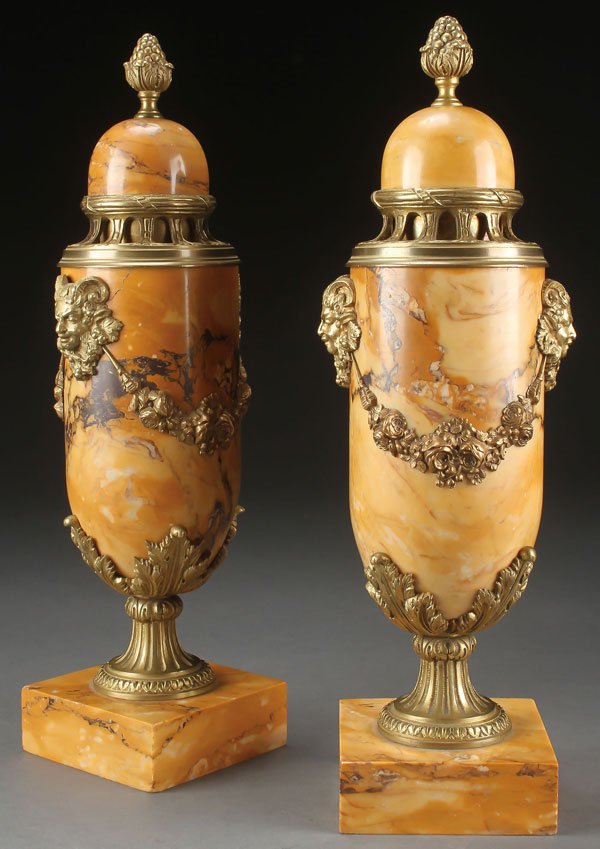 A PAIR OF FRENCH GILT BRONZE MOUNTED MARBLE URNS (1 of 1)
