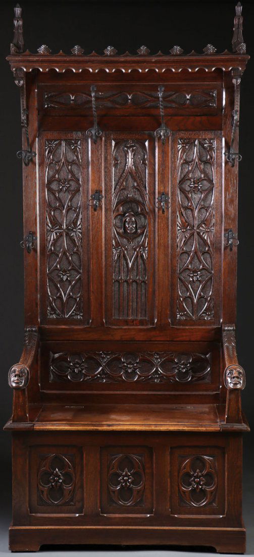 A NEO-GOTHIC  CARVED OAK HALL BENCH, 19TH CENTURY (1 of 1)