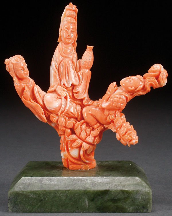 A CHINESE CARVED PINK CORAL FIGURAL GROUP (1 of 4)
