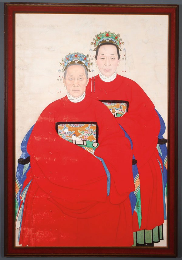 A LARGE AND COLORFUL CHINESE ANCESTRAL PORTRAIT: A LARGE AND COLORFUL CHINESE ANCESTRAL PORTRAIT PAINTING, QING DYNASTY. Hand painted in watercolor and gouache depicting a seated mother and daughter both wearing elaborate headdresses and red robes w