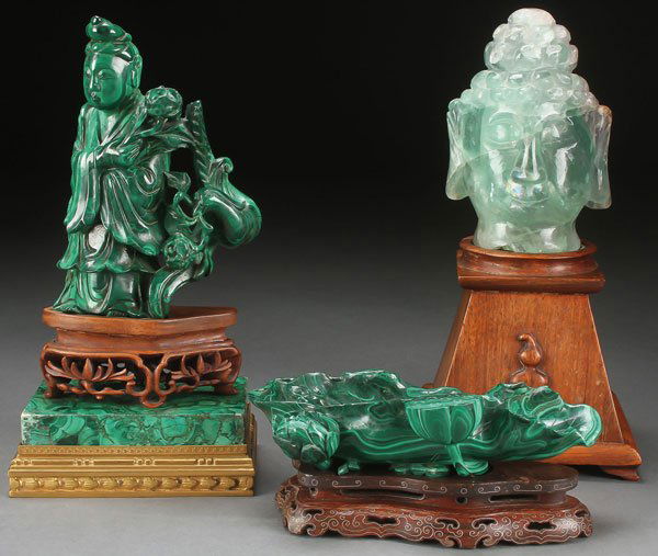 A CHINESE CARVED MALACHITE AND CRYSTAL FIGURAL (1 of 3)