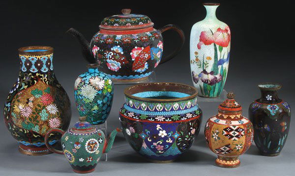 AN EIGHT PIECE GROUP OF JAPANESE ENAMELED BRONZE (1 of 1)