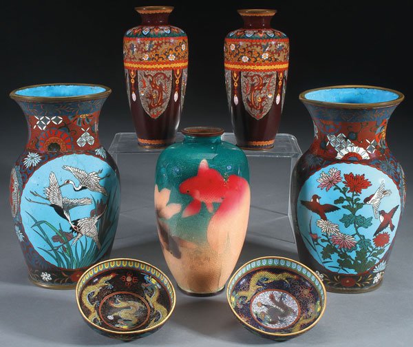 A SEVEN PIECE GROUP OF JAPANESE ENAMEL BRONZE (1 of 1)