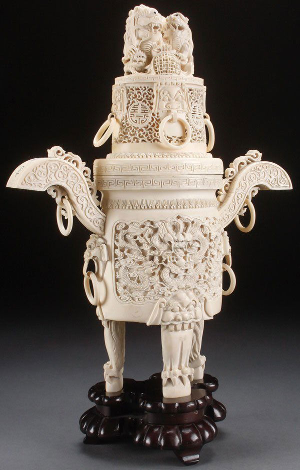 A LARGE CHINESE CARVED IVORY TRIPOD CENSER (1 of 2)