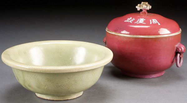 A CHINESE CELADON BOWL AND PEACH BLOOM COVERED (1 of 1)