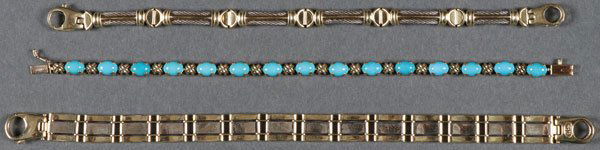 THREE 14KT GOLD BRACELETS, CONTEMPORARY: THREE 14KT GOLD BRACELETS, CONTEMPORARY. Comprising two Italian heavy cast link bracelets with two tone design and a turquoise cabochon. Length 7.5 inches to 8 inches. Weighable gold weight 34 grams.