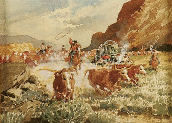 LLOYD HARTING (American 1901-1974) "Round Up" wat: LLOYD HARTING (American 1901-1974) "Round Up" watercolor on paper, signed "Harting" lower right. 6"x8". Estimate $500-$800