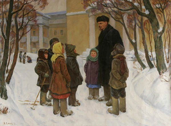 ANATOLI NIKOLAEVICH GRACHEV (Russian/Ukrainian b.: ANATOLI NIKOLAEVICH GRACHEV (Russian/Ukrainian b.1922) "Lenin with Children" oil on canvas, signed in Cyrillic lower left and dated 74. 47"x62.5" (119cm x 159cm). Unstretched. Estimate $1,400-$1,800