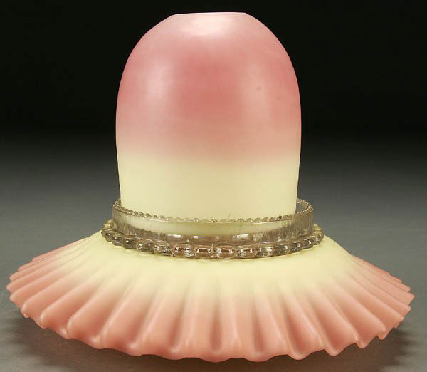 A GOOD WEBB BURMESE FAIRY LAMP circa 1890, ruffle: A GOOD WEBB BURMESE FAIRY LAMP circa 1890, ruffled rim base and dome shade separated with a double clear insert both marked Clarke Patent Trademark Fairy base with a circular Thomas Webb and Sons trad