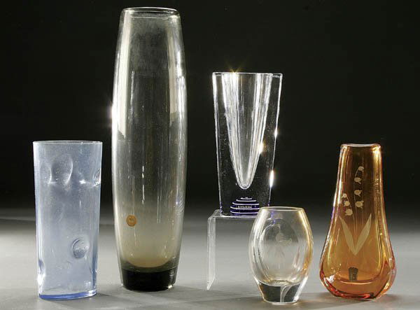 A GROUP OF 5 SWEDISH GLASS VASES mid century mode: A GROUP OF 5 SWEDISH GLASS VASES mid century modern, including a signed Holmegaard cylindrical topaz glass vase and two signed blue Kosta glass vases. Tallest height 15". Estimate $200-$400
