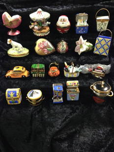 Lot Of 20 Limoges Trinket Boxes: Lot Of 20 Limoges Trinket Boxes Pink Bassinet Santa Nesting Cups Carousel Pink Flower Flat Heart Case Jack Russell Halloween Car Books Pumpkin Basket Picnic Basket Lunch Box Chinese Takeout Baby Box H