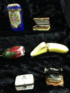 Lot Of 20 Limoges Trinket Boxes: Lot Of 20 Limoges Trinket Boxes Sun Sewing Kit Box With Bottles Box With Shoes Floral Box Champagne Box Books With Glasses Bananna Box Suitcase Flower Halloween Book Wrench And Screwdriver Pig Bath Se