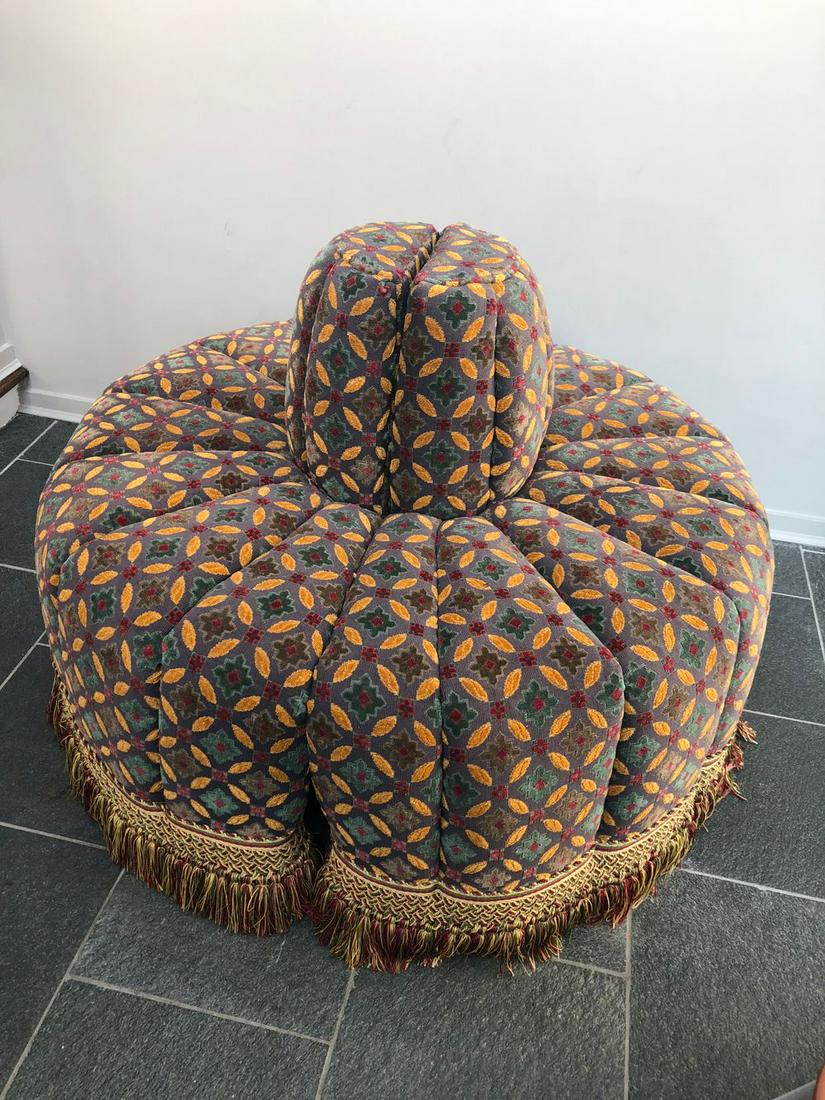 2 Piece Upholstered Round Settee with Tassle Bottom 48: 2 Piece Upholstered Round Settee with Tassle Bottom 48 diameter PICK UP IN SANDS POINT $200-800