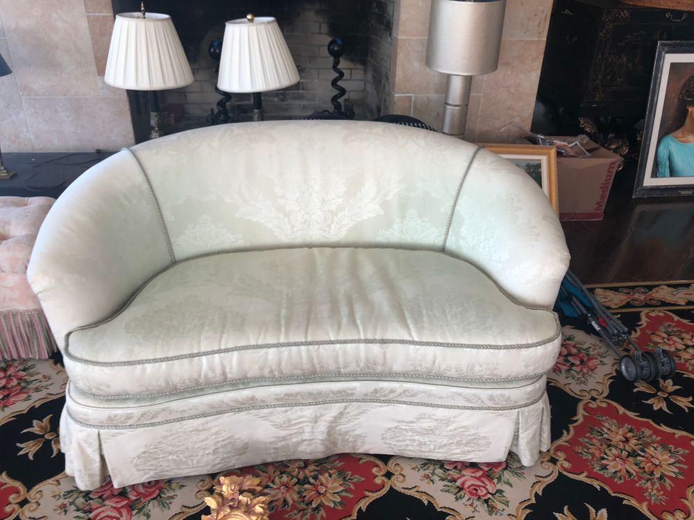 Upholstered Damask Loveseat Light Green/Mint 60x38x32H: Upholstered Damask Loveseat Light Green/Mint 60x38x32H PICK UP IN SANDS POINT $100-200