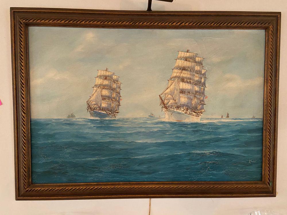 Oil on canvas painting SQUARE RIG RACE-SEVEN SEAS by J. (1 of 4)