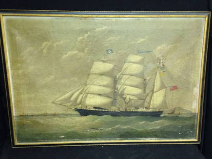 Framed Oil Painting Ship At Sea 37x26 some repair: Framed Oil Painting Ship At Sea 37x26 some repair