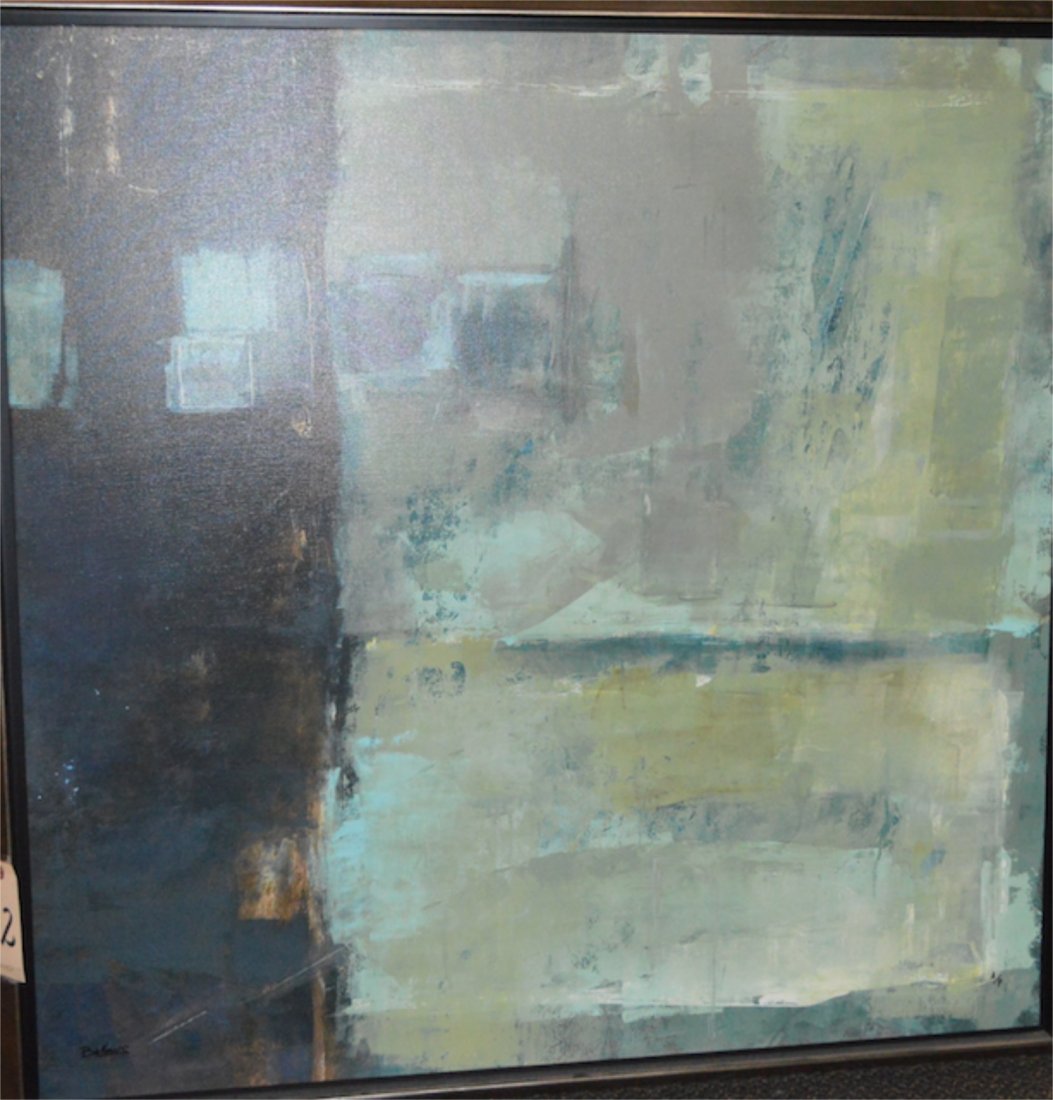 JANE BELLOWS: QUALITY CONTROL 1: A powerful modern statement piece. This abstract Giclée on canvas makes a powerful smart urban statement. Hand colored edges, the mineral-toned piece appears to float within a double frame. A contemp