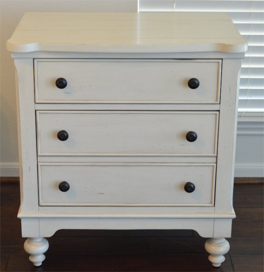 New: Howard Miller Vintage Cottage 2 Drawer Night Stand: New Never Used! Howard Miller Vintage Farmhouse Cottage Collection Night Stand End Table. Ivory wash finish. Model Number 941403VI. Antique bronze hardware. Two dovetail drawers. Dust panel below love