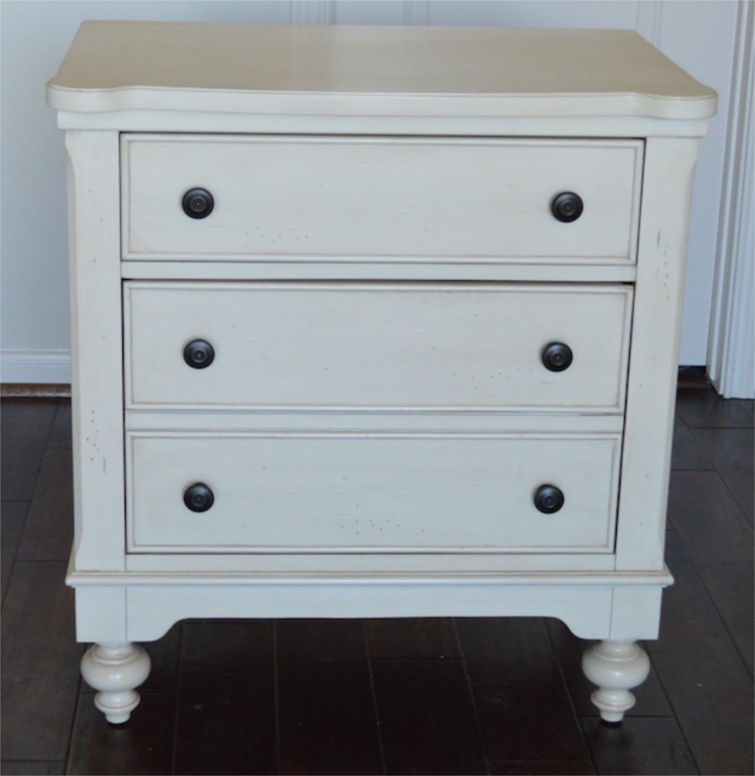New: Howard Miller Vintage Cottage 2 Drawer Night Stand: Vintage Ivory Wash finish features burnishing and artistic distressing Antique bronze finished hardware Two dovetail drawers Dust panel below lower drawer Full extension metal drawer slides Overall Di