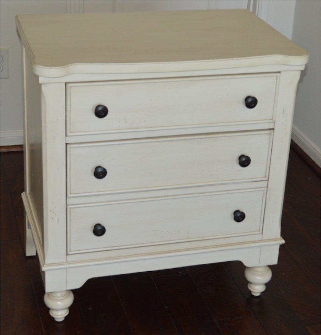 New: Howard Miller Vintage Cottage 2 Drawer Night Stand: New: Howard Miller Vintage Cottage 2 Drawer Night Stand Vintage Ivory Wash finish features burnishing and artistic distressing Antique bronze finished hardware Two dovetail drawers Dust panel below lo