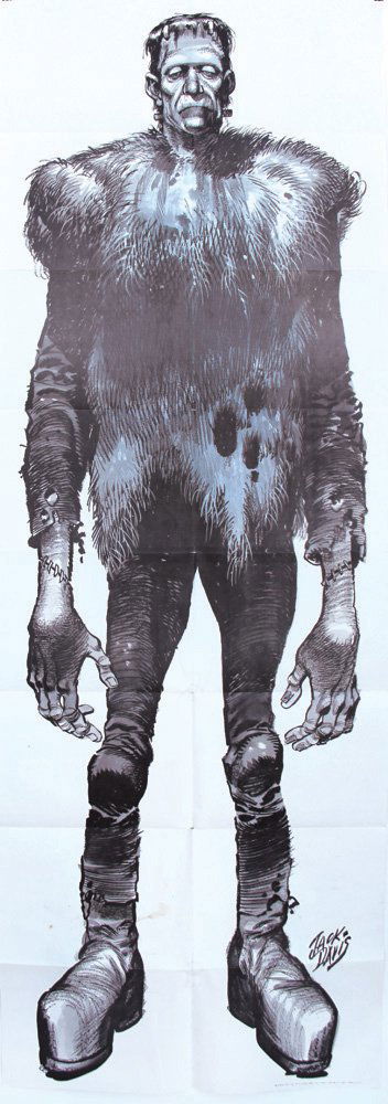 Jack Davis Frankenstein Poster: Jack Davis Frankenstein Poster. Mad Magazine alum and cartoonist Jack Davis Frankenstein vintage Frankenstein poster, measuring 24" x 72". An extremely rare item, folded. Pinholes at the corners and s