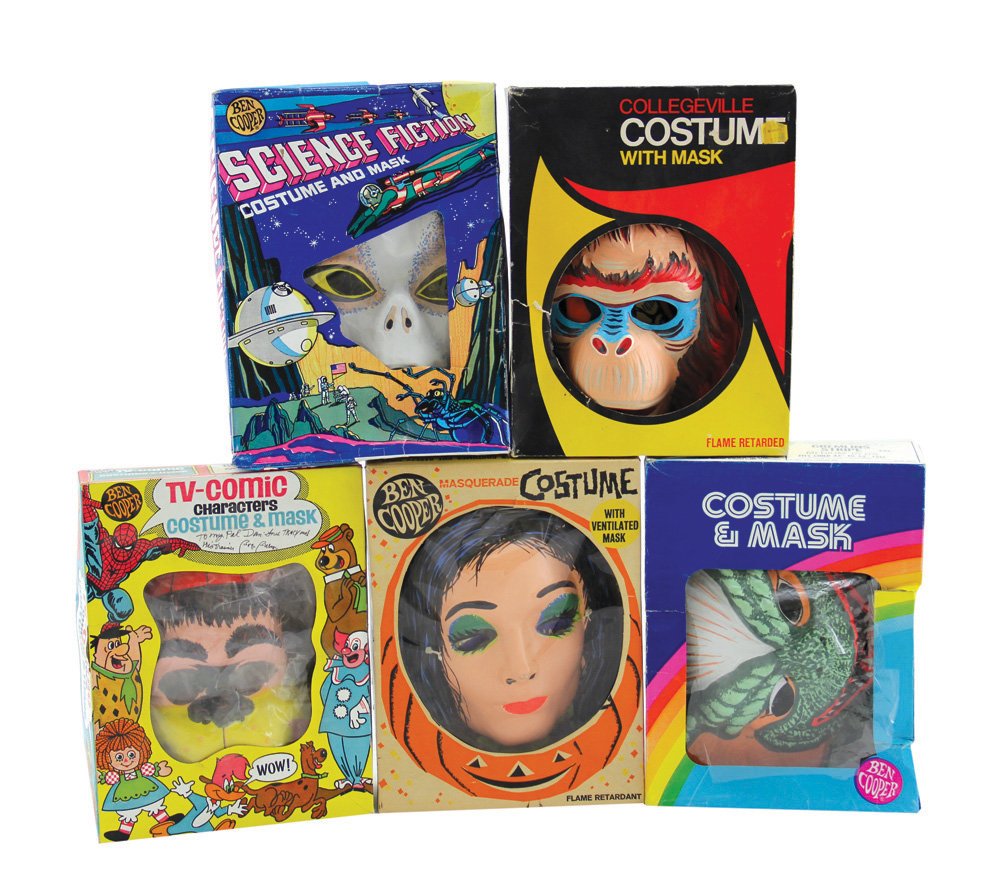 Collection of 5 Vintage Halloween Costumes: Collection of 5 Vintage Halloween Costumes. Includes costumes and masks for "Morticia" (child size medium) in a "Cinderella" box, "Tracey the Gorilla" (child size medium) from the short lived but well