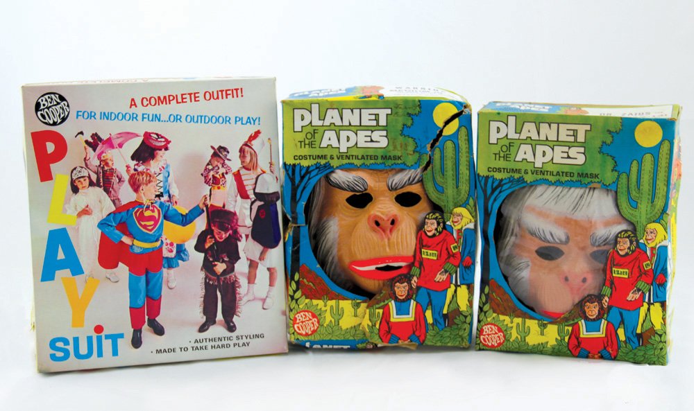 Set of 3 Planet of the Apes Costumes & Masks: Set of 3 Planet of the Apes Costumes & Masks. Includes Ben Cooper brand playsuits of "Caesar" (child size medium), "Dr. Zauis" (child size large), and "Warrior" (child size medium). All 3 playsuits in
