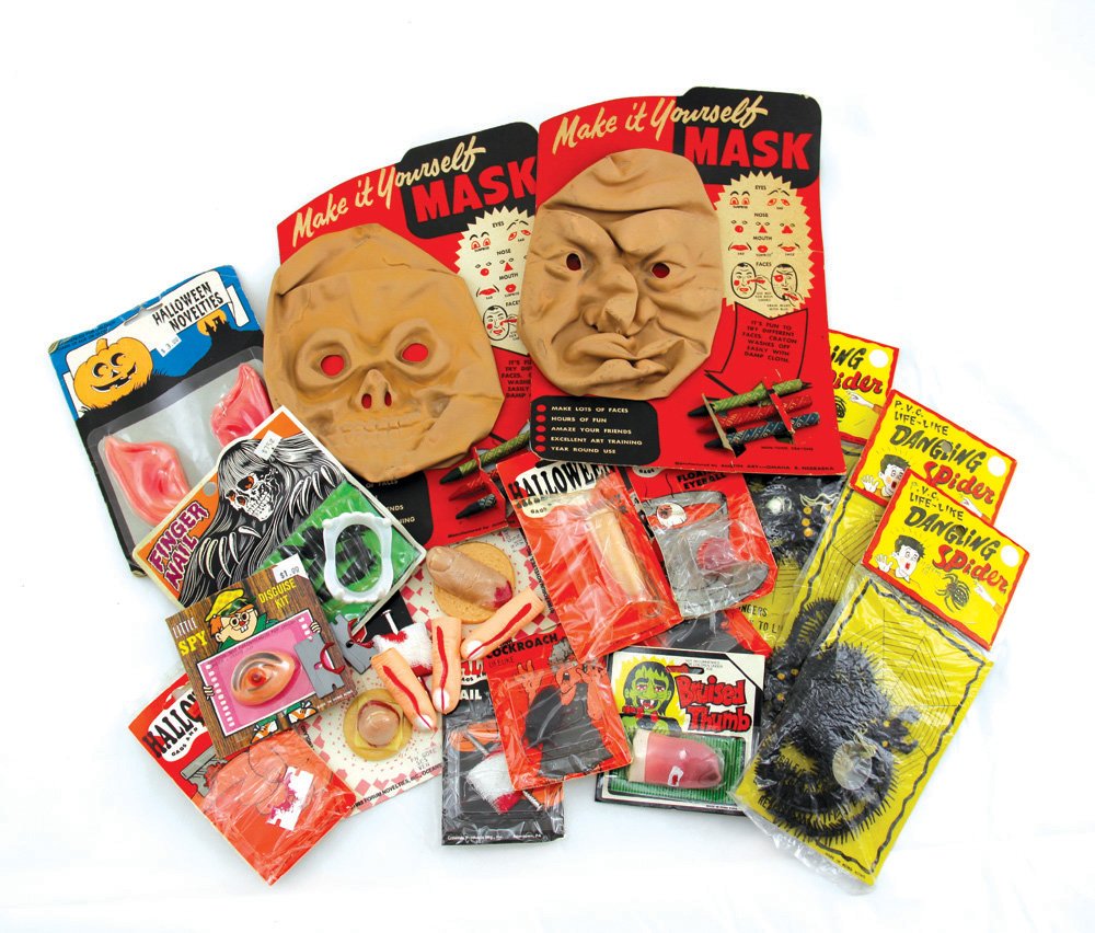 Collection of Vintage Halloween Gags & Tricks: Collection of Vintage Halloween Gags & Tricks. Includes 2 vintage "Make It Yourself" mask kits and a slew of false fingers, razorblades, spiders, cockroaches, eyeballs, ears and nails. Over 2 dozens i