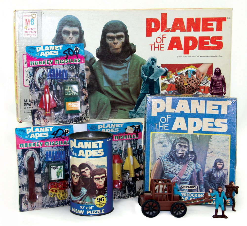 Planet of the Apes Puzzles, Board Game & Toys: Collection of Planet of the Apes Jigsaw Puzzles, Board Game and Toys. Includes 2 sets of POA jigsaw puzzles, 3 carded Monkey Missiles toys, an Ape wagon with 2 Apes (loose), and a Milton Bradley board