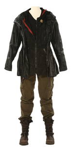 Katniss Distressed Arena Costume: Katniss Distressed Arena Costume from The Hunger Games. Worn by Jennifer Lawrence as Katniss, the female tribute from District 12, after she has been injured. The production distressing can be seen we