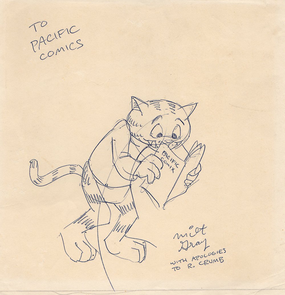 Original Drawing of Fritz the Cat by Milt Gray: Original Drawing of Fritz the Cat by Milt Gray. Original drawing of Fritz the Cat reading comics, measuring approximately 8.5 in x 8 in. and the Fritz measuring approximately 5 in. x 5 in. Addressed t