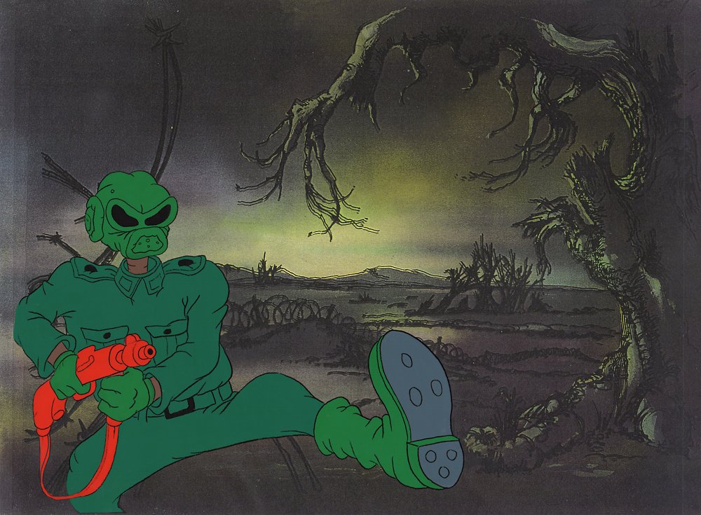 Production Cel of a Storm Trooper from Wizards: Original Production Cel of a Storm Trooper from Wizards. (Bakshi Productions, 1977) Hand painted production cel setup of one of the Storm Troopers, the green gas mask-cloaked mutant soldiers, measurin
