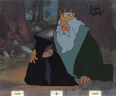 Cel of Theoden & Wormtongue - Lord of the Rings: Original Production Cel of King Theoden and Wormtongue from The Lord of the Rings. (Fantasy Films, 1978) Production cel featuring King Theoden and Wormtongue, presented on a color laser background and