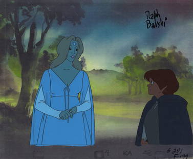 Cel of Frodo and Galadriel from Lord of the Rings: Original Multi-Cel Production Setup of Frodo and Galadriel from The Lord of the Rings. (Fantasy Films, 1978) Two-cel production setup of Frodo and Galadriel, presented on a color laser background and