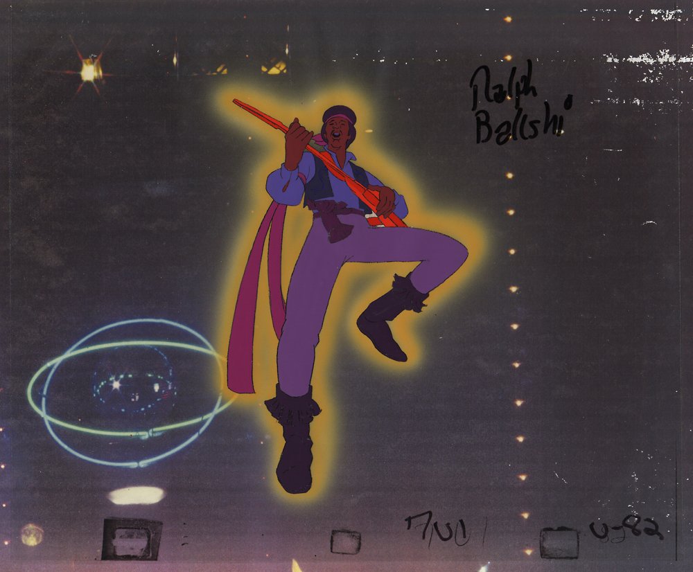 Bakshi Signed Cel of Jimi Hendrix - American Pop: Ralph Bakshi Signed Original Multi-Cel Production Setup of Jimi Hendrix from American Pop. (Columbia Pictures, 1981) Hand painted two-cel production setup of Jimi Hendrix, measuring 10.5 in. x 12.5 in