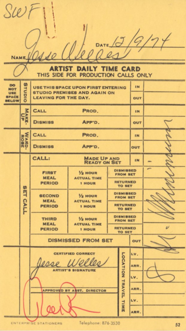 Ralph Bakshi Signed Timecard for Jesse Welles: Ralph Bakshi Signed Timecard for Jesse Welles. (Bakshi Productions, 1974) Time card dated 12/9/74 and signed by both Jesse Welles and Ralph Bakshi. Jesse Welles voiced Eva in the original version of H